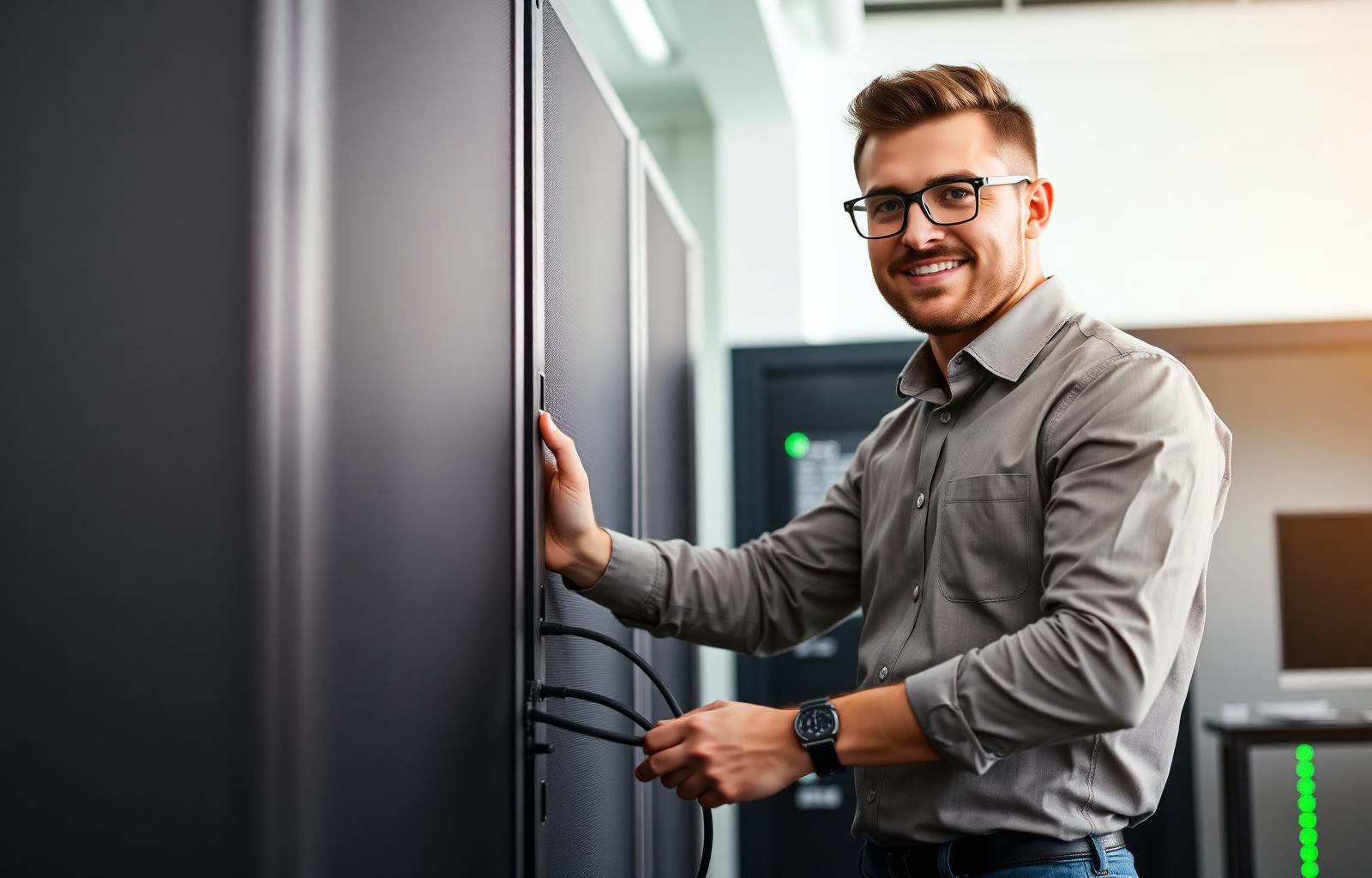 IT-Techniker von Schwarz Computer arbeitet an einem Serverschrank